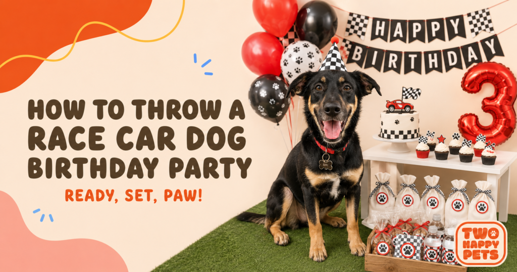 Race car dog birthday party setup with red, black, white, and checkered decorations from Two Happy Pets.